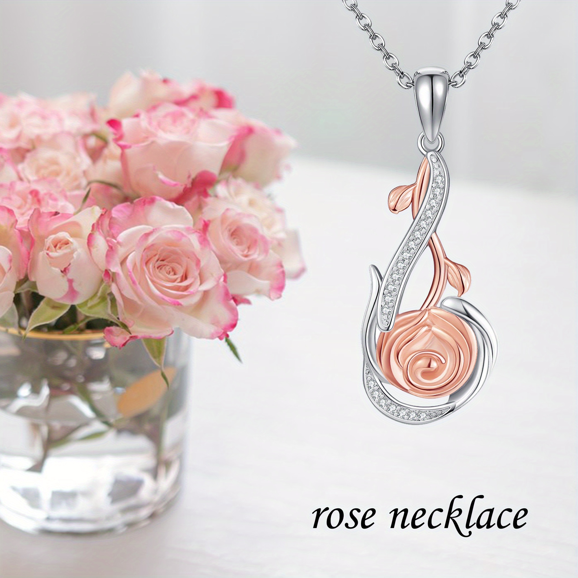 925 Sterling Silver Rose Necklace with Synthetic Rose Pendant